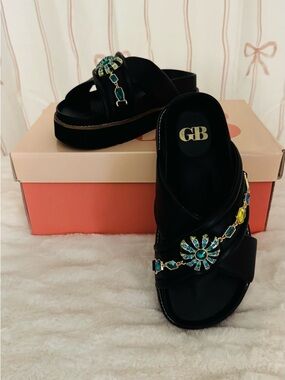 Gianni Bini Black Jeweled Platform Slide Sandals with Turquoise & Yellow Accents